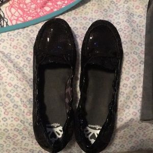 Black, sequined, pleather moccasins